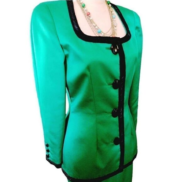 VTG 90s Della Roufogali Green Satin Black Embellished Designer Blazer Size 6 - Picture 7 of 11